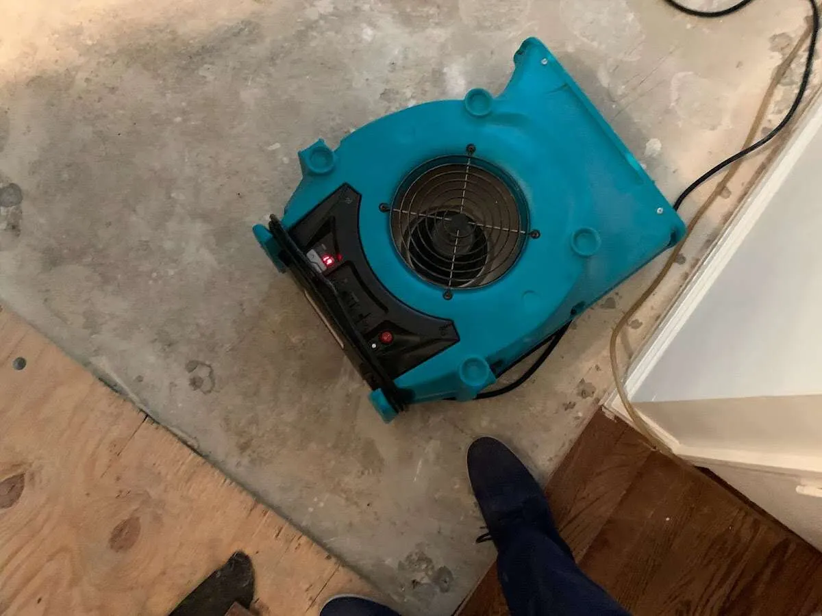 Air mover drying subfloor during Leak Detection & Repair in Satellite Beach